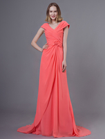 Brautjungfer Kleider lange Chiffon Lachs Blumen plissiert Hochzeitsgesellschaft Kleid mit Zug