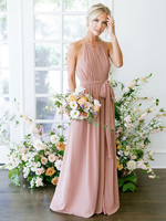 Brautjungfernkleid A-Linie bodenlanges Juwel Hals ärmelloses rückenfreies Chiffon Cameo Brown Hochzeitskleid
