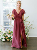 Brautjungfernkleid A-Linie Kurzarm V-Ausschnitt Bodenlanger Reißverschluss Chiffon Burgund Hochzeitsparty Kleid