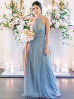 Brautjungfernkleid A-Linie Ärmelloses Juwel Halsausschnitt Reißverschluss Bodenlanges blaues Hochzeitskleid