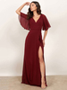 Brautjungfernkleid Burgund A-Linie Bodenlanges V-Ausschnitt Halbarm Reißverschluss Split Chiffon Hochzeitsfeier Kleid