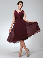 Brautjungfernkleid Burgund A-Linie Elastisch gewebt Satin Chiffon V-Ausschnitt Ärmelloses kurzes Hochzeitskleid