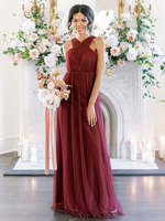 Brautjungfernkleider A-Linie Neckholder ärmellose bodenlange Single Thread Thread Tüll Burgunder Reißverschluss Ballkleid