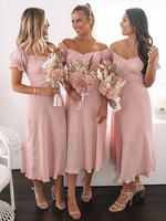 Brautjungfernkleider A-Linie Tee-Länge Reißverschluss Kurzarm Chiffon Pink Hochzeitskleid