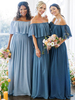 Brautjungfernkleider Blau A-Linie Bodenlang Bateau Neck Halbarm Reißverschluss Chiffon Abendkleid