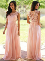Brautjungfernkleider Hellrosa A-Linie Reißverschluss Spitze Chiffon Abendkleid Langes Festzugskleid