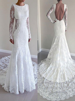 Brautkleid 2021 Meerjungfrau Spitze Jewel Neck Langarm Brautkleid mit Schleppe