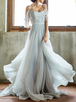 Brautkleid eine Linie von der Schulter ärmellos plissiert Gericht Zug Chiffon Boho Brautkleider