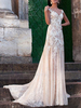 Brautkleid Etui mit V-Ausschnitt; ärmellos; bodenlang; Spitze; Tüll; rückenfrei; Brautkleid mit Schleppe