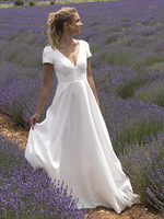 Brautkleid Mit Zug V-Ausschnitt Kurzarm Knöpfe Bodenlange Brautkleider