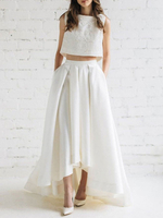 Brautkleid Zweiteiler Satingewebe ärmellos mit Rundkragen Standesamtkleid