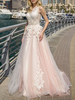 Brautkleider 2021 A Linie Illusion Neck Spitze Applique weichen Rosa Tüll Brautkleid mit Hofzug