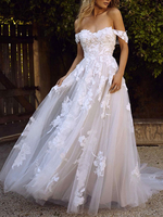 Brautkleider 2021 A Linie von der Schulter Kurzarm Spitze Flora applizierten Tüll Brautkleid mit Schleppe