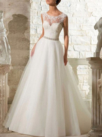 Brautkleider 2021 eine Linie Perlen Juwel Neck ärmellos bodenlangen Tüll traditionelles Brautkleid mit Schleppe
