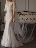 Brautkleider 2021 Mantel Sihouette Halbarm V-Ausschnitt bodenlangen Bambusblatt Spitze Brautkleid