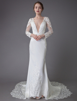 Brautkleider Elfenbein Spitze V-Ausschnitt Langarm Meerjungfrau Brautkleid mit Schleppe