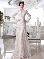 Brautkleider Lace Champagne Brautkleid mit V-Ausschnitt Langarm Illusion Mantel Bow Sash Stock Länge Brautkleid