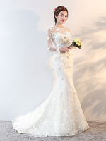 Brautkleider Langarm Meerjungfrau Blumen Applique Bögen Elfenbein Brautkleid mit Zug