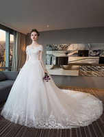 Brautkleider Prinzessin A-Linie- Brautkleider Kurzarm mit Bateau-Kragen Elfenbeinfarbe Satingewebe und Domkirchen-schleppe und Schnürung