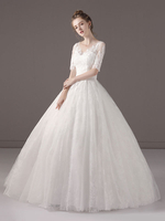 Brautkleider Prinzessin Ballkleid Elfenbein Halbe Ärmel V-Ausschnitt Spitze Perlen bodenlangen Brautkleid