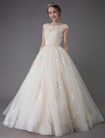Brautkleider Prinzessin Champagner und Rundkragen Brautkleider Hochzeit Tüll Luxus Brautkleider bodenlang Kurzarm und Schnürung Prinzessin