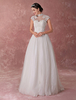 Brautkleider Prinzessin Elfenbeinfarbe Halskragen Brautkleider Hochzeit Tüll bodenlang Kurzarm und Reißverschluss Prinzessin