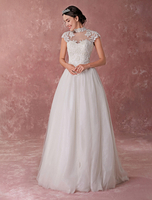 Brautkleider Prinzessin Elfenbeinfarbe Halskragen Brautkleider Hochzeit Tüll bodenlang Kurzarm und Reißverschluss Prinzessin