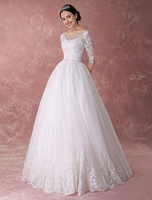 Brautkleider Prinzessin Elfenbeinfarbe Illusion Ausschnitt Brautkleider Spitze bodenlang 3/4 Ärmel mit Schnürung Prinzessin