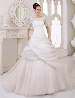 Brautkleider Prinzessin Elfenbeinfarbe mit Bateau-Kragen Brautkleider Organza und Kapelle-Schleppe Kurzarm und Reißverschluss Prom-