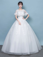 Brautkleider Prinzessin Elfenbeinfarbe mit Rundkragen Brautkleider Hochzeit Satingewebe bodenlang Kurzarm und Schnürung A-Linie-