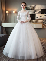 Brautkleider Prinzessin Elfenbeinfarbe mit Rundkragen Brautkleider Hochzeit Satingewebe bodenlang Langarm und Schnürung A-Linie-