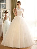 Brautkleider Prinzessin Elfenbeinfarbe mit Rundkragen Brautkleider Hochzeit Spitze bodenlang ärmellos und Schnürung Prinzessin