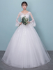 Brautkleider Prinzessin Elfenbeinfarbe mit Rundkragen Brautkleider Hochzeit Tüll bodenlang Langarm und Schnürung A-Linie-