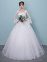 Brautkleider Prinzessin Elfenbeinfarbe mit Rundkragen Brautkleider Hochzeit Tüll bodenlang Langarm und Schnürung A-Linie-