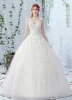 Brautkleider Prinzessin Elfenbeinfarbe mit Rundkragen Brautkleider Spitze bodenlang ärmellos und Schnürung A-Linie- trägerlos