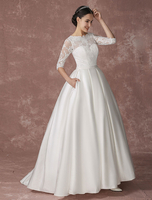 Brautkleider Prinzessin Elfenbeinfarbe und Bateau-Kragen Brautkleider Satingewebe und Court-Schleppe 1/2 Ärmel A-Linie- trägerlos