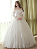 Brautkleider Prinzessin Elfenbeinfarbe und Bateau-Kragen Brautkleider Tüll bodenlang 3/4 Ärmel und Schnürung Prinzessin und Schulterfrei