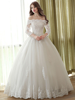 Brautkleider Prinzessin Elfenbeinfarbe und Bateau-Kragen Brautkleider Tüll bodenlang 3/4 Ärmel und Schnürung Prinzessin und Schulterfrei