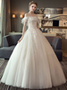 Brautkleider Prinzessin Elfenbeinfarbe und Bateau-Kragen Brautkleider Tüll bodenlang Kurzarm und Schnürung Prinzessin und Schulterfrei
