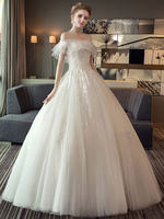 Brautkleider Prinzessin Elfenbeinfarbe und Bateau-Kragen Brautkleider Tüll bodenlang Kurzarm und Schnürung Prinzessin und Schulterfrei