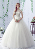 Brautkleider Prinzessin Elfenbeinfarbe und Rundkragen Brautkleider Hochzeit Spitze bodenlang ärmellos A-Linie- trägerlos