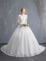 Brautkleider Prinzessin Elfenbeinfarbe und Rundkragen Brautkleider Satingewebe und Domkirchen-schleppe 1/2 Ärmel und Schnürung Prinzessin