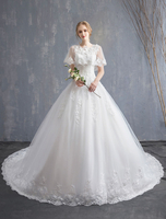 Brautkleider Prinzessin Elfenbeinfarbe und Rundkragen Brautkleider Satingewebe und Domkirchen-schleppe Kurzarm und Schnürung Prinzessin