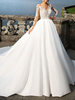 Brautkleider Prinzessin Elfenbeinfarbe und Rundkragen Brautkleider Satingewebe und Kapelle-Schleppe Langarm Knöpfe Prinzessin