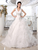 Brautkleider Prinzessin Elfenbeinfarbe V-Ausschnitt Brautkleider Hochzeit Organza mit Court-Schleppe und Schnürung Prom-