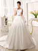 Brautkleider Prinzessin Elfenbeinfarbe V-Ausschnitt Brautkleider Hochzeit Satingewebe mit Kapelle-Schleppe ärmellos A-Linie-