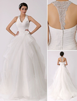 Brautkleider Prinzessin Elfenbeinfarbe V-Ausschnitt Brautkleider Organza mit Court-Schleppe ärmellos und Reißverschluss Prom- und Halter
