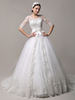 Brautkleider Prinzessin Elfenbeinfarbe V-Ausschnitt Brautkleider Tüll mit Kapelle-Schleppe 1/2 Ärmel und Schnürung Prinzessin trägerlos