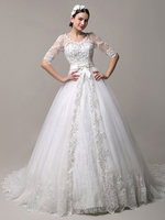 Brautkleider Prinzessin Elfenbeinfarbe V-Ausschnitt Brautkleider Tüll mit Kapelle-Schleppe 1/2 Ärmel und Schnürung Prinzessin trägerlos