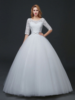 Brautkleider Prinzessin Prinzessin Brautkleider 1/2 Ärmel Hochzeit und Rundkragen Günstige Brautkleider Elfenbeinfarbe Spitze bodenlang